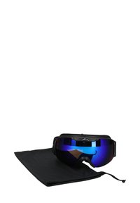 Hiihto-aurinkolasit mustalla rungolla ja sinisillä peililinssillä, jotka tulevat mustassa mikrokuitupussissa. Mukana säädettävät hihnat tukevan istuvuuden takaamiseksi.