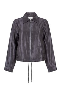 Glanzend donkergrijze lange mouwen zip-up jas met kraag en verstelbare trekkoorden aan de onderrand, maat small van het merk AAiko.