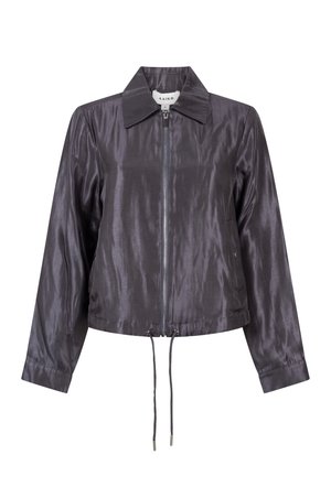 Glanzend donkergrijze lange mouwen zip-up jas met kraag en verstelbare trekkoorden aan de onderrand, maat small van het merk AAiko.