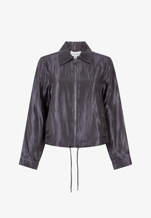 Shiny dark gray long-sleeve zip-up jacket with collar and adjustable drawstrings at the hem, sized small by brand AAiko.