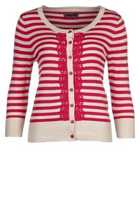 Cardigan a righe rosse e crema con scollatura rotonda, bottoni sul davanti e un dettaglio centrale in pizzo. Polsini e orlo a coste.