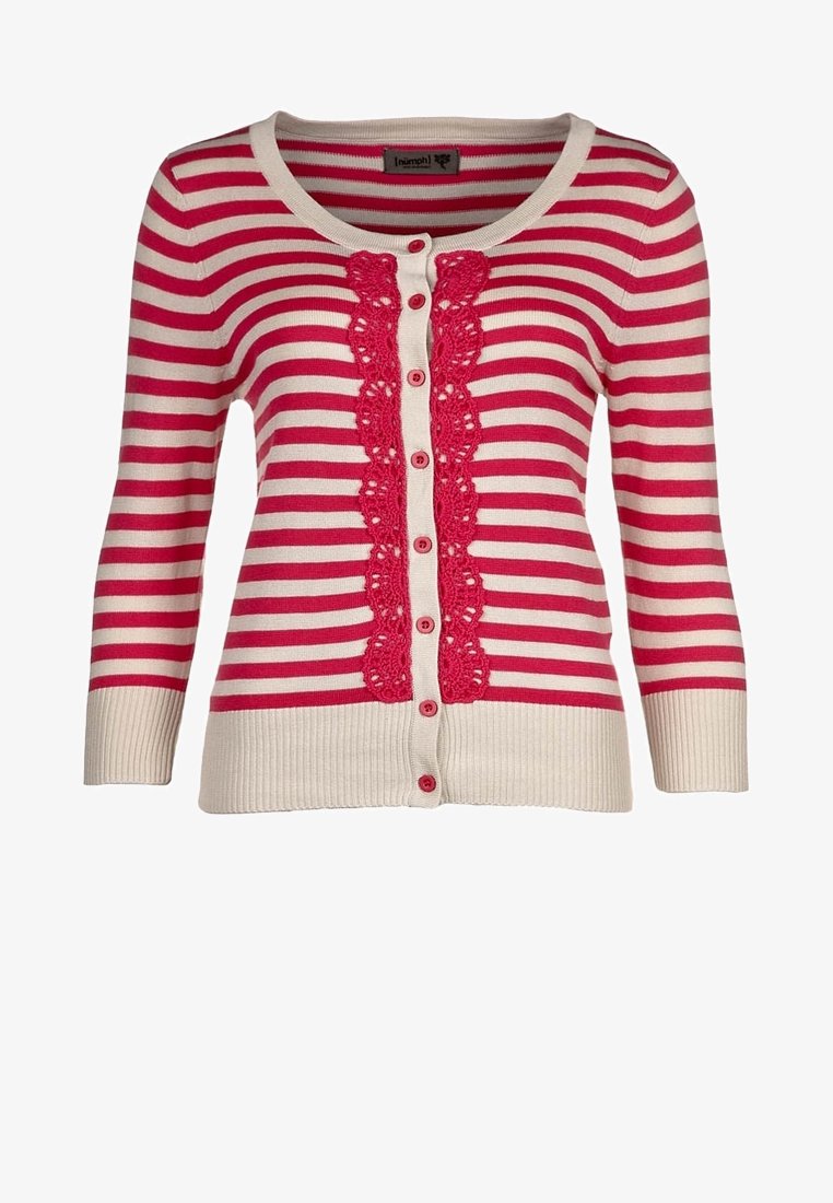 Cardigan a righe rosse e crema con scollatura rotonda, bottoni sul davanti e un dettaglio centrale in pizzo. Polsini e orlo a coste.
