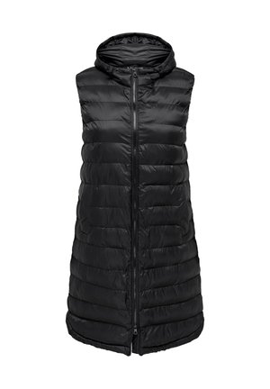Veste sans manches matelassée noire avec capuche et fermeture éclair frontale, conçue pour la chaleur et un usage décontracté.