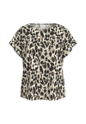 Top med leopardprint, der har en løs og afslappet pasform, korte ærmer, rund halsudskæring og et blødt, glat stof i beige og sorte nuancer.