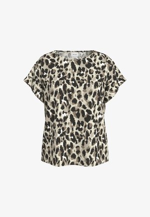 Leopard print top featuring a loose, relaxed fit, short sleeves, round neckline, and a soft, smooth fabric in beige and black tones.