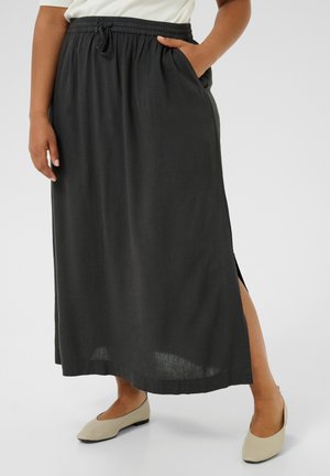 Gonna elasticizzata lunga, grigia scura, con tasche laterali e un alto spacco. Realizzata in tessuto leggero, presenta una vestibilità comoda.