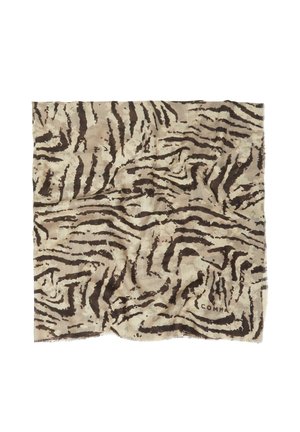 Square beige scarf with dark brown tiger stripe pattern and small "COMMA" text in one corner, laid flat with slight wrinkles.
