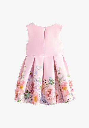 Abito rosa con corpino aderente, gonna plissettata con motivi floreali in colori pastello e chiusura a bottoni sul retro.