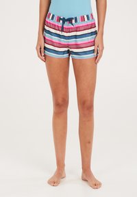 Pestré plavky s horizontálními pruhy v růžové, modré a bílé barvě. Elastický pas se šňůrkou. Lehký materiál.