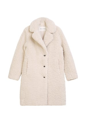Cream-colored fluffy coat with a notched collar, front button closure, and side pockets. Textured fabric with a soft appearance.
