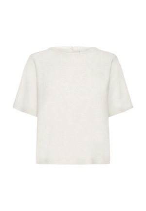 Top corto a maniche corte di colore bianco in maglia con scollo rotondo, vestibilità rilassata e texture morbida. Senza chiusure visibili, orlo pulito. Adatto per essere indossato a strati.