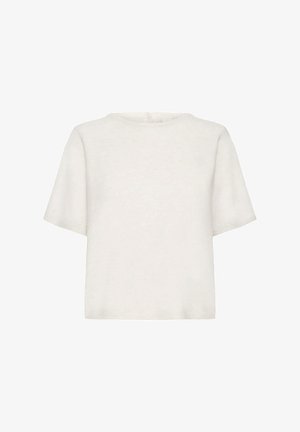 White short-sleeve knit top with a round neckline, relaxed fit, and soft texture. No visible closures, clean hem. Suitable for layering.