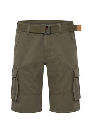 Olive green cargo shorts with front pockets, two side flap pockets, and a matching fabric belt with metal buckle.