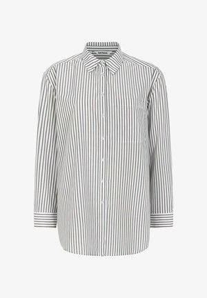 Randig skjorta i vitt och grått, med krage, långa ärmar, en bröstficka och rundad nederkant.