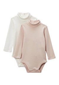 Deux bodys en manches longues en rose pâle et blanc. Fabriqués en tissu doux avec un col haut et des fermetures à pression en bas.