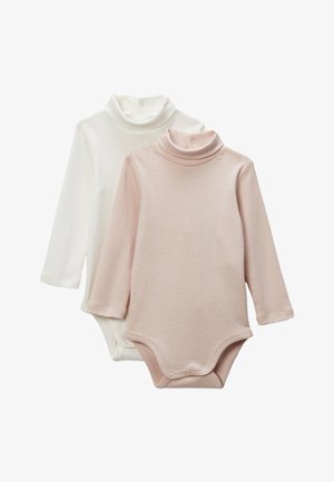 Deux bodys en manches longues en rose pâle et blanc. Fabriqués en tissu doux avec un col haut et des fermetures à pression en bas.