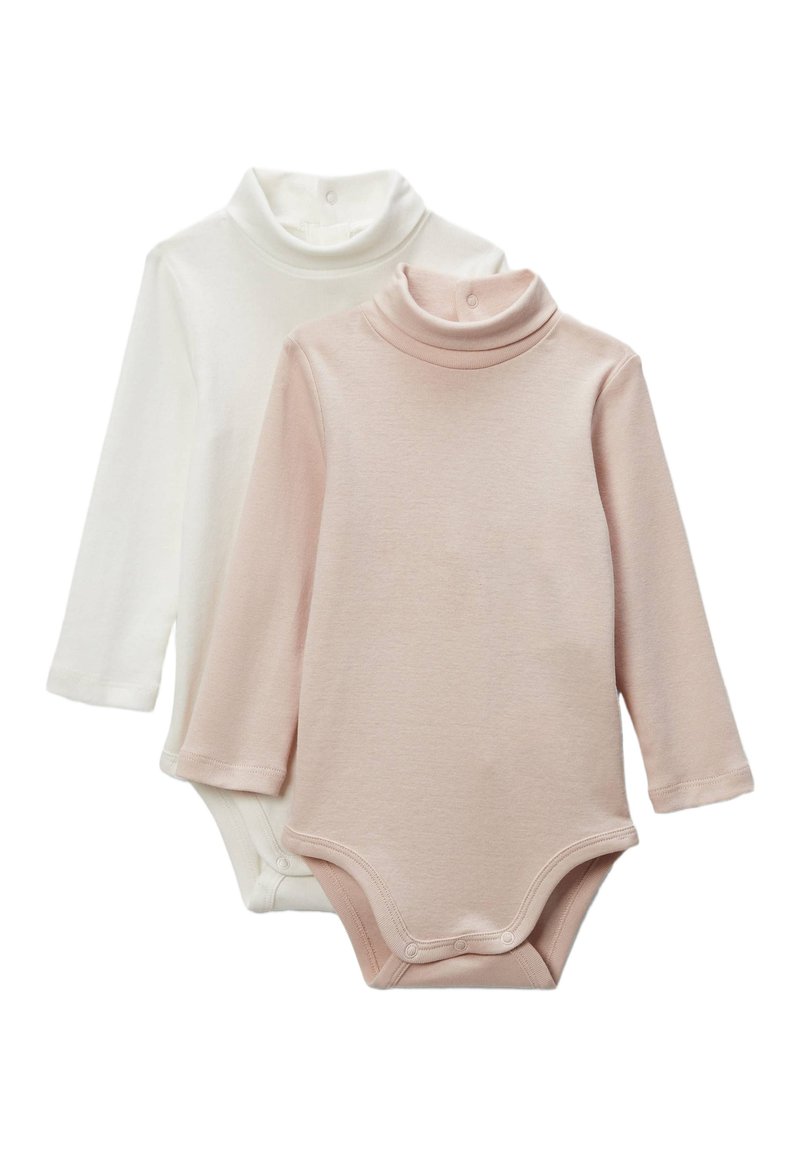 Deux bodys en manches longues en rose pâle et blanc. Fabriqués en tissu doux avec un col haut et des fermetures à pression en bas.