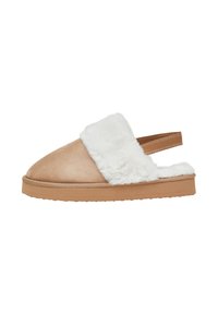 Pantofole beige con una morbida fascia in pelliccia bianca, tomaia in suede e suola in gomma. Il design presenta un retro aperto per una facile calzata.