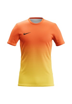 Maglietta sportiva a maniche corte con sfumatura dall'arancione in alto al giallo in basso e piccolo logo Nike nero sul petto.
