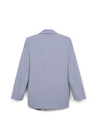 Giacca blazer grigia chiara vista da dietro, con maniche lunghe e una cucitura centrale sul retro, posata piatta su uno sfondo bianco.