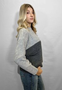 Maglione grigio lavorato a maglia con blocchi di colore grigio chiaro e scuro. Polsini e bordo a coste, indossato con jeans di denim. Tessuto liscio, design casual.