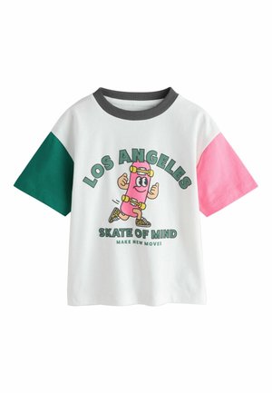 White T-shirt with green left sleeve, pink right sleeve, dark grey collar, and cartoon skateboard character with "LOS ANGELES SKATE OF MIND" text.