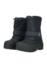 Bottes d'hiver noires isolées avec une semelle en caoutchouc texturé, un dessus rembourré, une fermeture à cordon réglable et une sangle Velcro pour un ajustement sécurisé.
