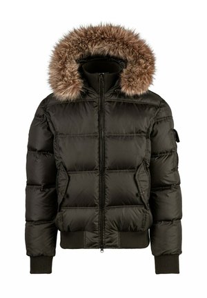 Giacca invernale imbottita nera con zip frontale, polsini e orlo a coste, tasche laterali e cappuccio rifinito con pelliccia sintetica marrone.