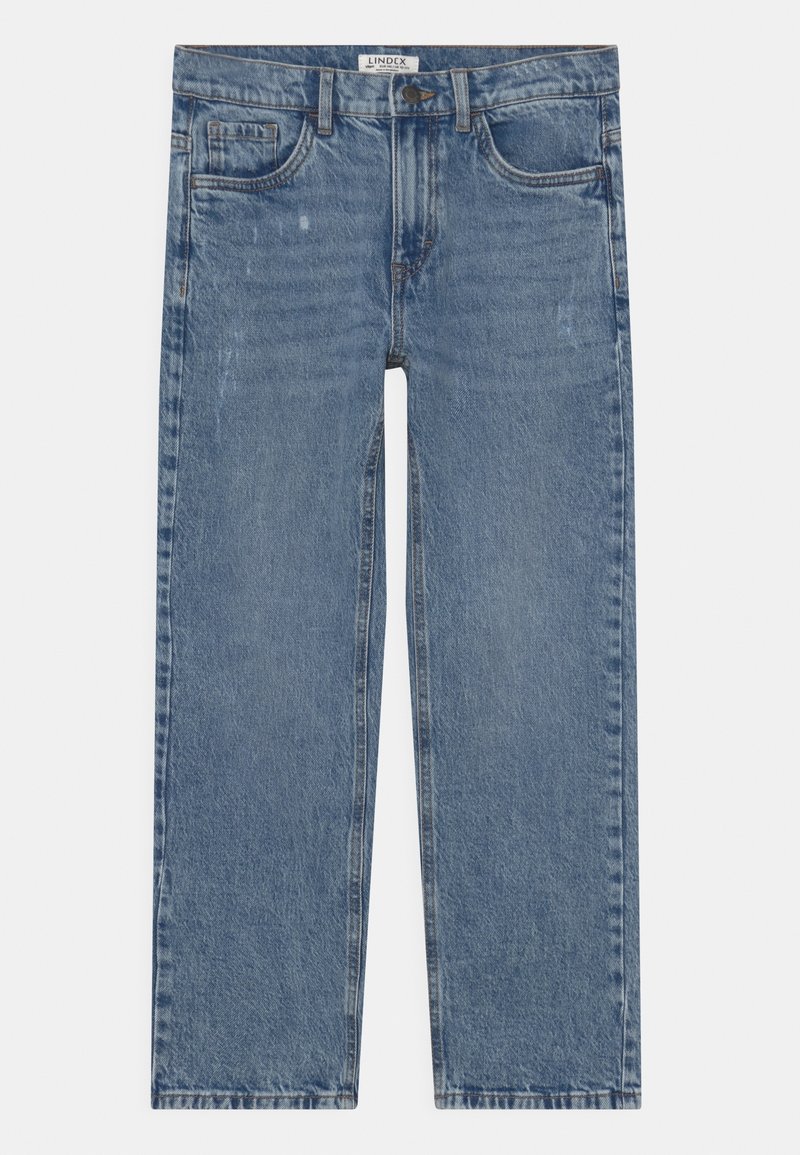 Jean en denim bleu avec une coupe pantalon droit, délavé, cinq poches et une fermeture par bouton. Détails de couture le long des coutures et de la ceinture.