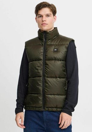 Green puffer vest with a high collar and zip closure. Features quilted design and side pockets. Worn over a black long-sleeve shirt.