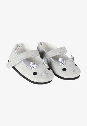 Zachte grijze babyschoentjes met zwart geborduurde muizengezichtjes, glinsterende zilveren oren en verstelbare bandjes op een witte achtergrond.