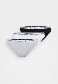 Three pairs of underwear in gray, black, and white. Each has a waistband with "Juicy Couture" printed in black on a white background.