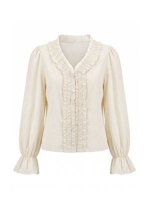 Blusa crema a maniche lunghe con rifinitura arricciata lungo la scollatura a V, patta frontale con bottoni e polsini, con maniche leggermente gonfie.