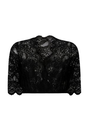 Schwarzes Spitzenbolero mit transparentem Design, kurzen Ärmeln, gewellten Kanten, floralen Mustern und rundem Ausschnitt. Verfügt über feine Nähte.
