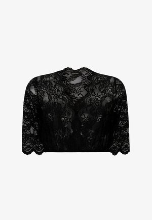 Schwarzes Spitzenbolero mit transparentem Design, kurzen Ärmeln, gewellten Kanten, floralen Mustern und rundem Ausschnitt. Verfügt über feine Nähte.