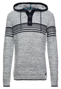 Felpa con cappuccio grigia lavorata a maglia con accenti blu navy, caratterizzata da un'apertura con tre bottoni e un motivo a righe orizzontali. Tessuto morbido, design casual.