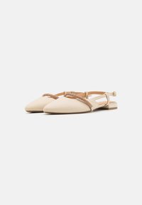 Beige slingback flats made of smooth material, featuring a pointed toe and a decorative brown bead strap across the front. Flat heel.