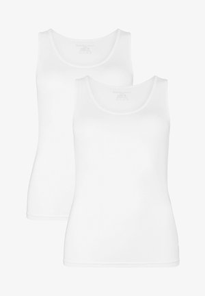 Débardeurs blancs vendus par pack de deux, avec un décolleté arrondi et une texture douce et lisse. Fabriqués en tissu extensible ; étiquette de taille S visible.