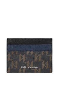 Fekete és barna textúrájú kártyatartó, geometrikus mintázattal, kék és fekete vízszintes csíkokkal, valamint ezüst logós részlettel.