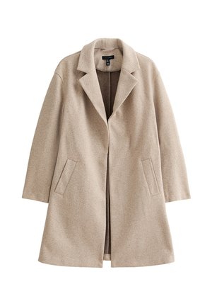 Manteau en laine beige avec un col cranté, ouvert à l'avant et deux poches plaquées sur les côtés. Présente une coupe droite avec des manches mi-longues.