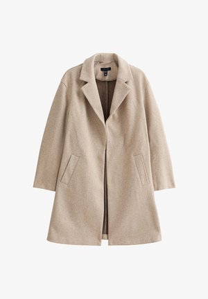 Beige wool coat with a notched collar, open front, and two side patch pockets. Features a straight cut with mid-length sleeves.
