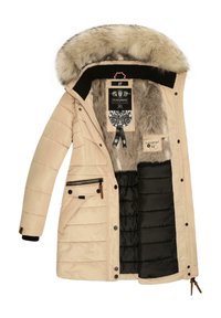 Beige padded coat with a faux fur hood, black inner lining, side pockets, and zip closure. Features horizontal stitching and leather accents.