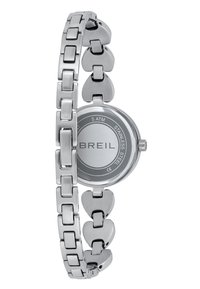 Stålur med en rund grå skive, der har et sammenflettet linkarmbånd og hjerteformede detaljer på remmen.