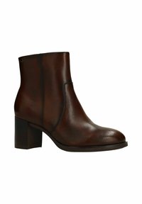 Brown leather ankle boot with block heel, rounded toe, and subtle stitching, shown in side profile on white background.