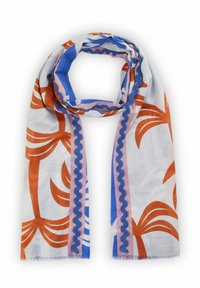 Lichte sjaal met een bloemendessin in oranje en blauw, met een witte basis en ruche-accenten langs de randen.