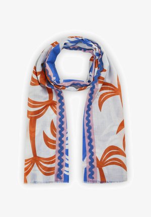 Lichte sjaal met een bloemendessin in oranje en blauw, met een witte basis en ruche-accenten langs de randen.