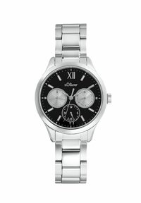 Silver stainless steel watch with a black face, featuring three sub-dials, silver hour markers, and a large Roman numeral XII at the top.