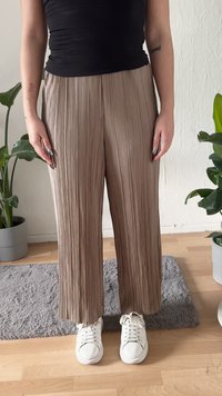 Person wearing beige pleated pants, white sneakers, and a black top, standing on a gray rug with green potted plants nearby.