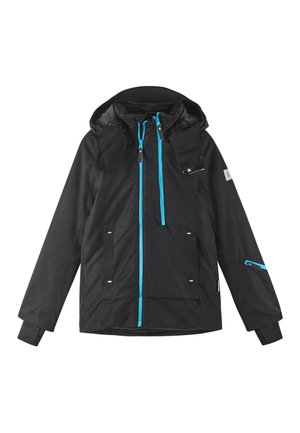 Schwarze wasserdichte Jacke mit Kapuze, mit blauen Akzent-Reißverschlüssen, mehreren Taschen und einem schlanken Design. Hergestellt aus leichtem, strapazierfähigem Material.
