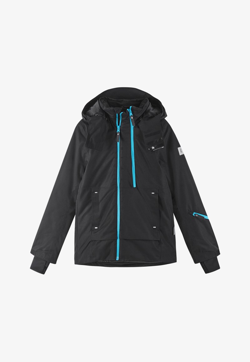 Black waterproof jacket with a hood, featuring blue accent zippers, multiple pockets, and a sleek design. Made of lightweight, durable material.